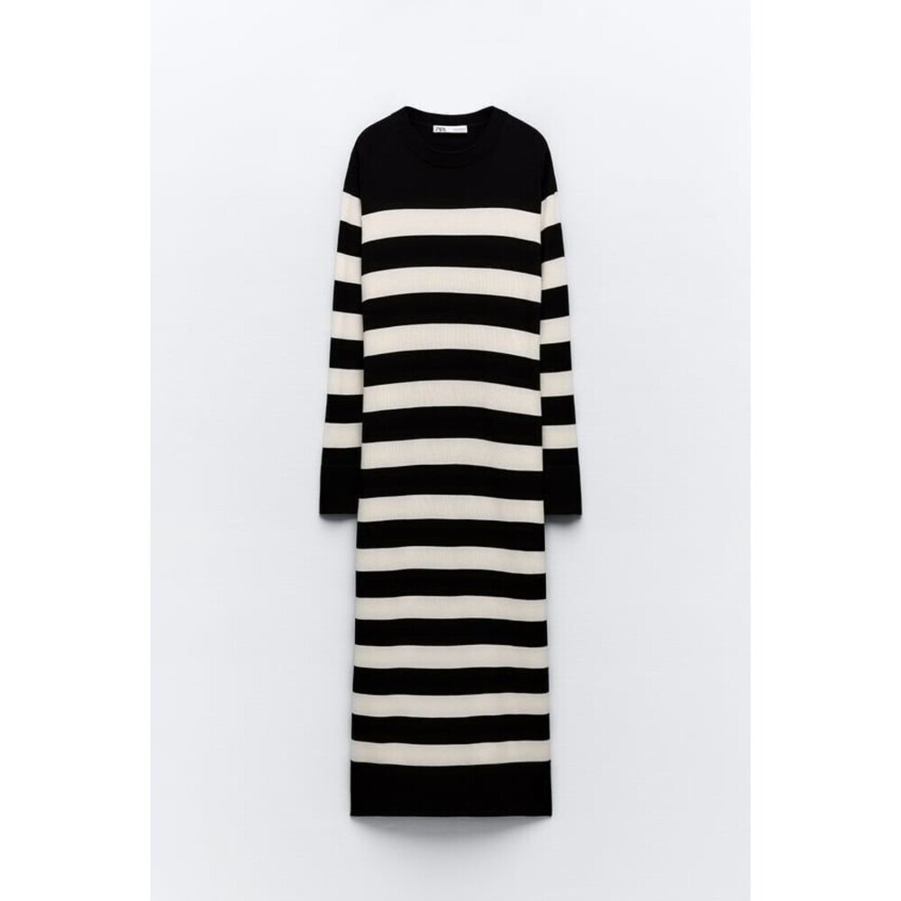 Zara Black White Striped Round Neck Long Sleeve Pullover Knit Midi Dress (NWT)